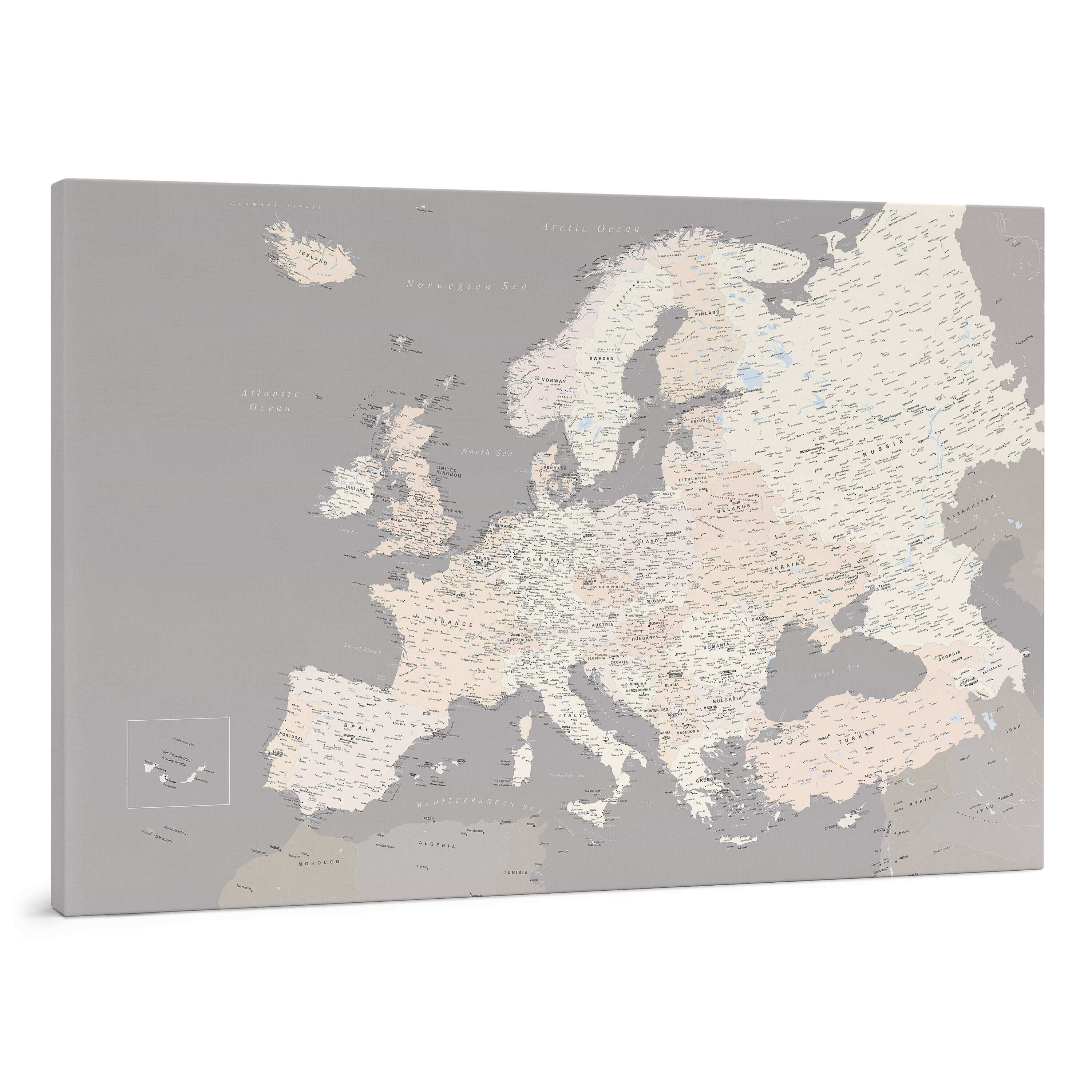 Europakarte Pinnwand – Grau Cremefarben (Detailliert) Europakarte Pinnwand – Grau Cremefarben (Detailliert)