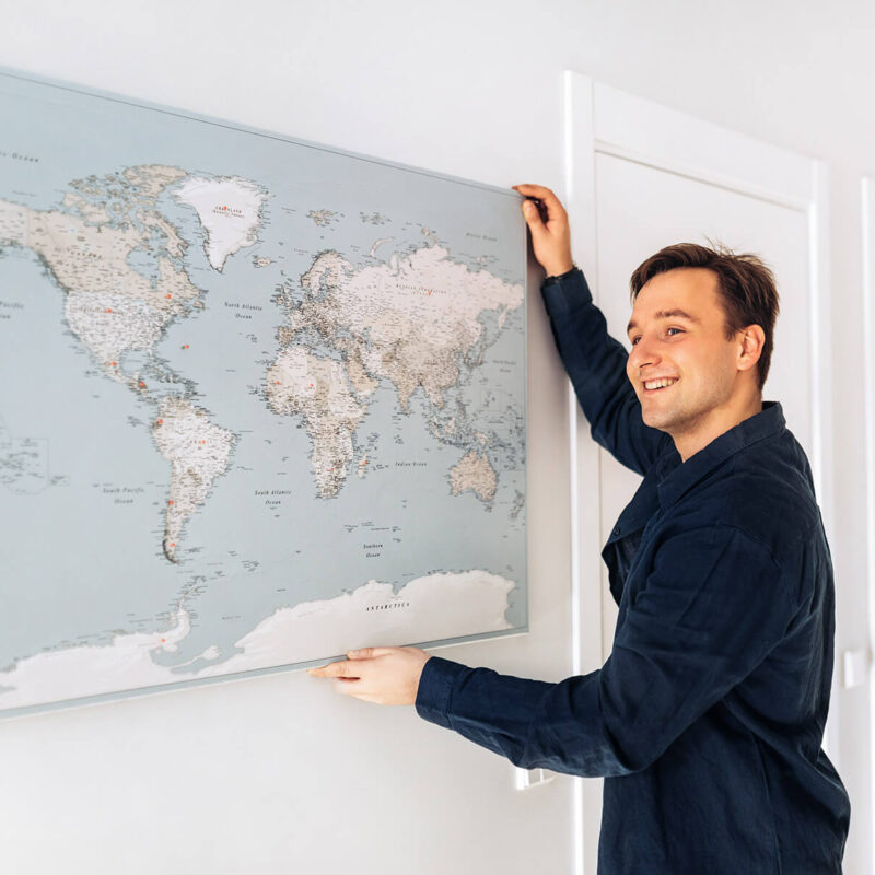 trip map world weltkarte mit pin auf leinwand blau trip map world weltkarte mit pin auf leinwand blau