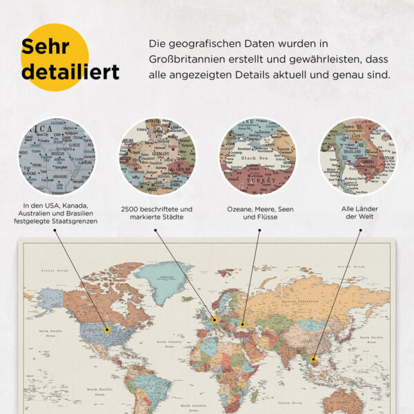 Weltkarte Kork Pinnwand mit 16 Landkarten-Pins 100 x 45 cm