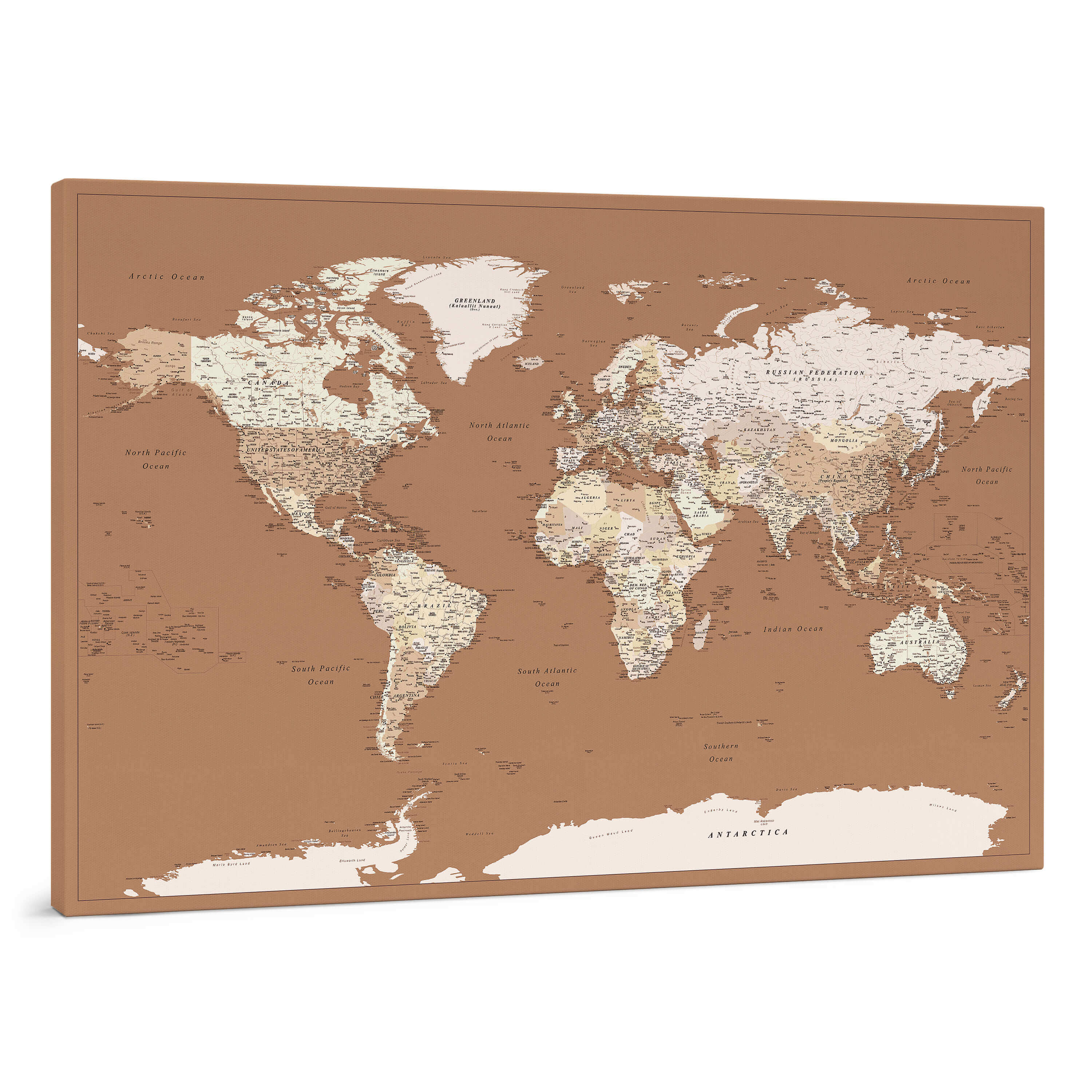 Pinnwand Weltkarte – Braun Beige (Detailliert) Pinnwand Weltkarte – Braun Beige (Detailliert)